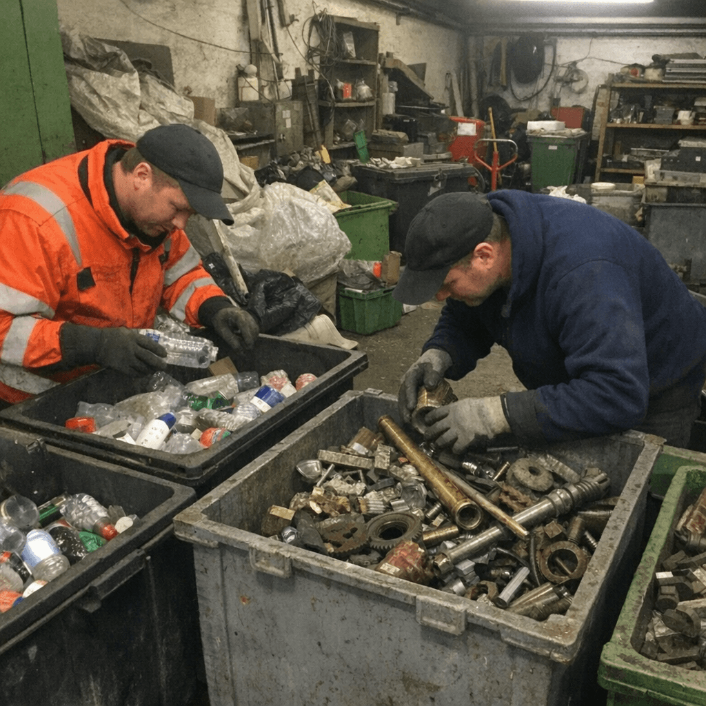 Mitarbeiter sortieren Holz, Metall und Karton getrennt in bereitstehende Container