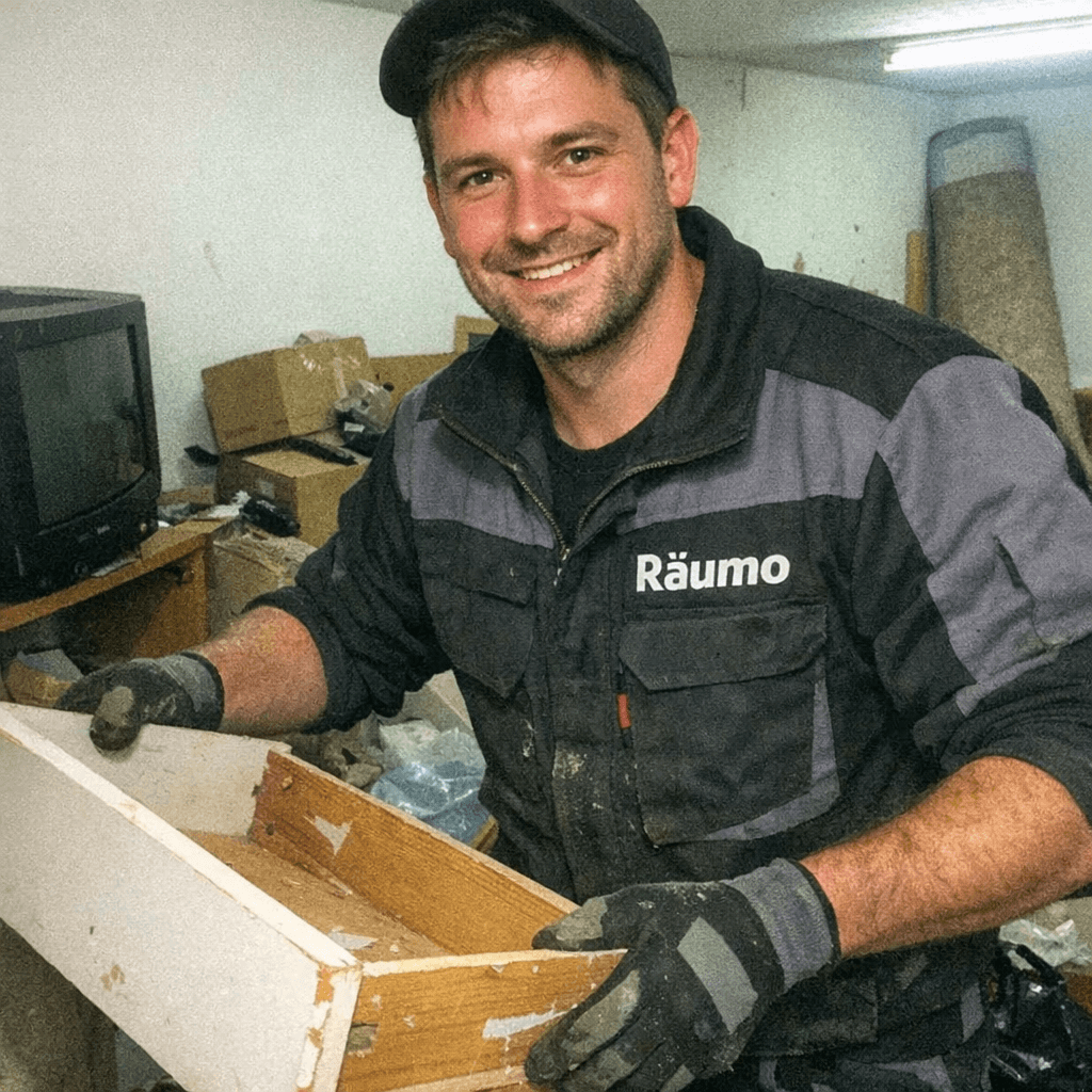 Zwei Mitarbeiter tragen sortierte Gegenstände aus einer Wohnung zu einem Transporter