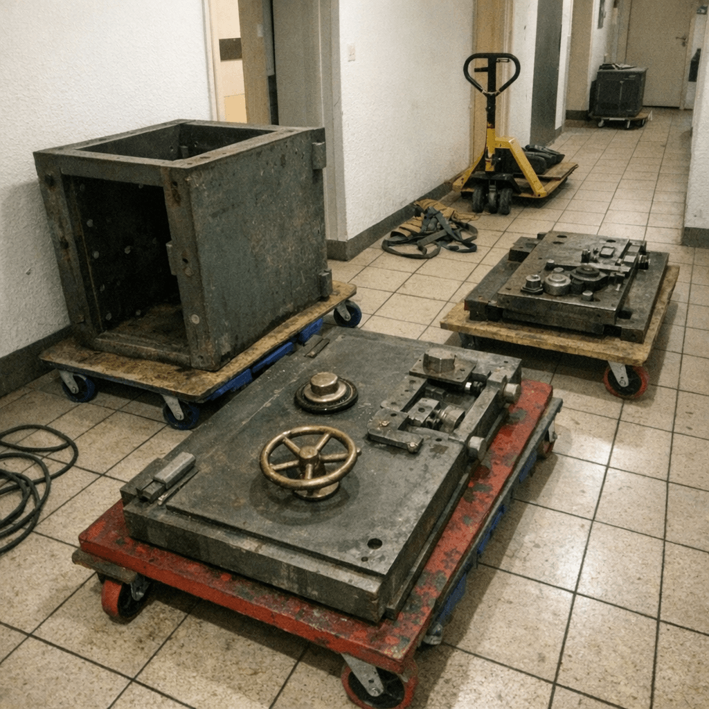 Schwerer Tresor wird mit Rollsystem und Sicherungsgurten aus dem Eingangsbereich bewegt