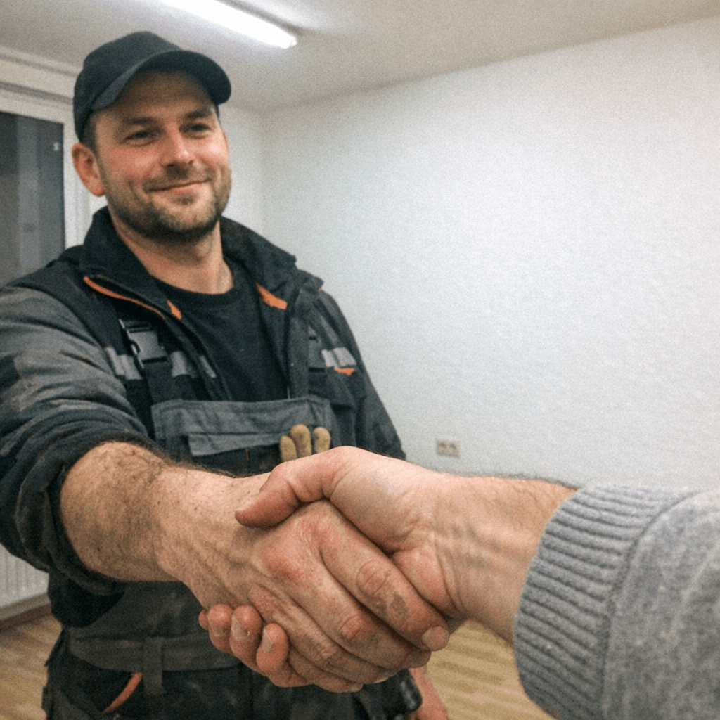 Kundin bespricht nach der geräumten Wohnungsübergabe die letzten Details mit dem Teamleiter