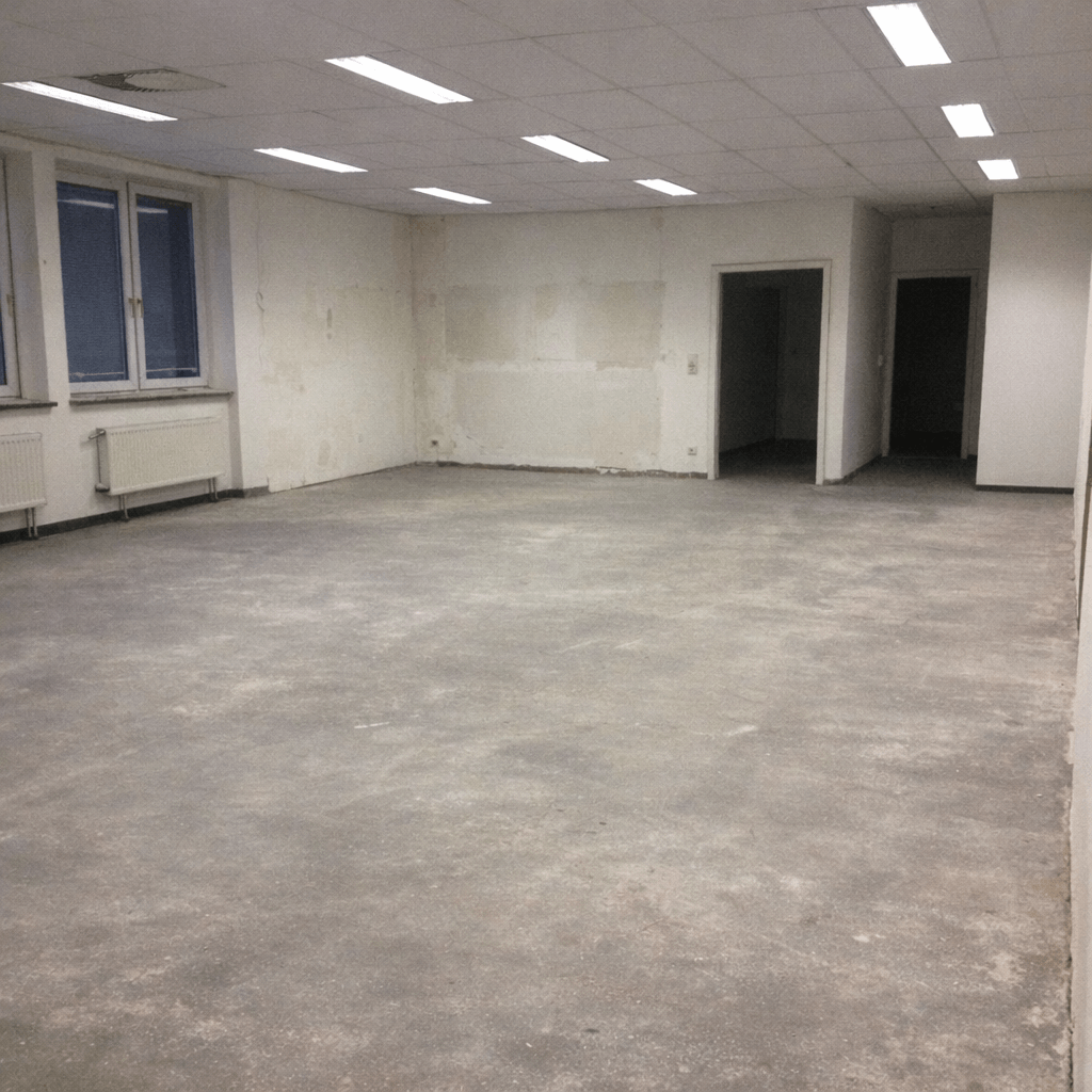 Leerer Büroraum mit freigelegtem Boden und geöffneten Fenstern nach der Räumung